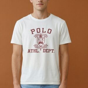 🤑Polo by Ralph Lauren White 100% Cotton Tee Maroon Athletic Crest: Mens Large